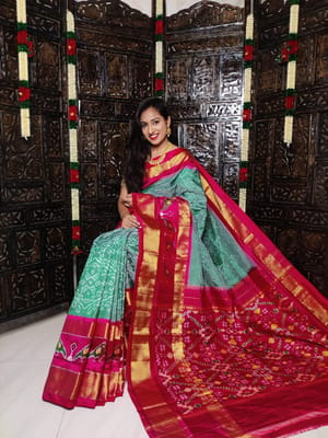 Pochampally Twill Silk Saree | Light Green Colour | Red Border
