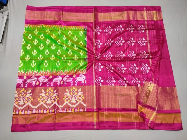 Pochampally Silk Saree | Green Colour | Pink Border