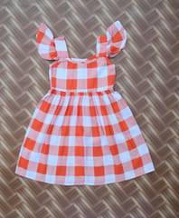 Red checked frill sleeve dress with front buttons