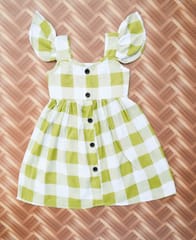 Olive checked frill sleeve dress with front buttons