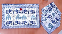 Indigo Elephant Design Pure Cotton Table Linen Set