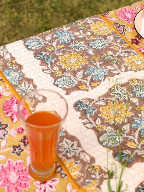 Elegant Organic Cotton Table Runner - Yellow and Brown