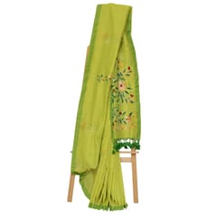 Tisser Khadi Hand-painted Saree with Attached Blouse Piece (Parrot Green)