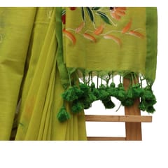 Tisser Khadi Hand-painted Saree with Attached Blouse Piece (Parrot Green)