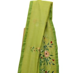 Tisser Khadi Hand-painted Saree with Attached Blouse Piece (Parrot Green)