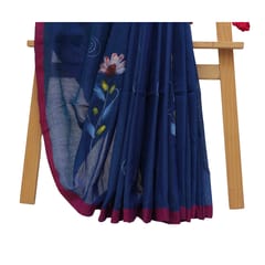 Tisser Khadi Hand-painted Saree with Attached Blouse Piece (Blue)