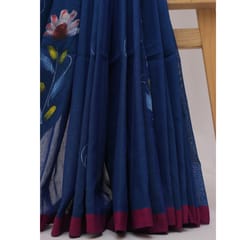 Tisser Khadi Hand-painted Saree with Attached Blouse Piece (Blue)