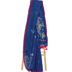 Tisser Khadi Hand-painted Saree with Attached Blouse Piece (Blue)