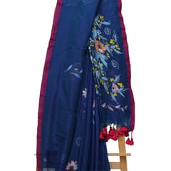 Tisser Khadi Hand-painted Saree with Attached Blouse Piece (Blue)