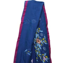 Tisser Khadi Hand-painted Saree with Attached Blouse Piece (Blue)