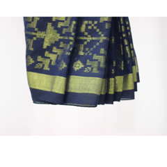 Tisser Handweave Cotton Copper Saree with Attached Blouse Piece (Royal Blue/Copper)