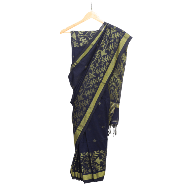 Tisser Handweave Cotton Copper Saree with Attached Blouse Piece (Royal Blue/Copper)