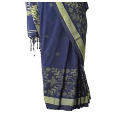 Tisser Handweave Cotton Copper Saree with Attached Blouse Piece (Royal Blue/Copper)