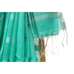 Tisser Handloom Cotton Silk Saree with Attached Blouse Piece (Sea green/Grey)