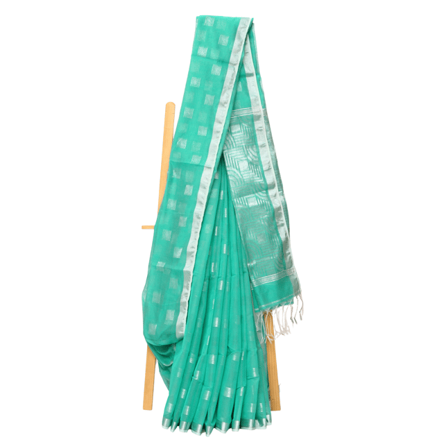 Tisser Handloom Cotton Silk Saree with Attached Blouse Piece (Sea green/Grey)