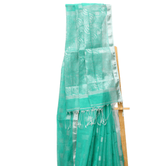 Tisser Handloom Cotton Silk Saree with Attached Blouse Piece (Sea green/Grey)