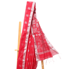 Tisser Handloom Cotton Silk Saree with Attached Blouse Piece (Pink/Grey)