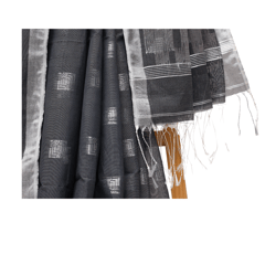 Tisser Handloom Cotton Silk Saree with Attached Blouse Piece (Black/Grey)