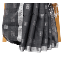 Tisser Handloom Cotton Silk Saree with Attached Blouse Piece (Black/Grey)