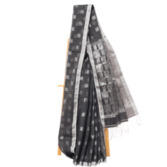 Tisser Handloom Cotton Silk Saree with Attached Blouse Piece (Black/Grey)