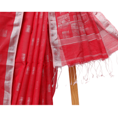 Tisser Handloom Cotton Silk Saree with Attached Blouse Piece (Red/Grey)