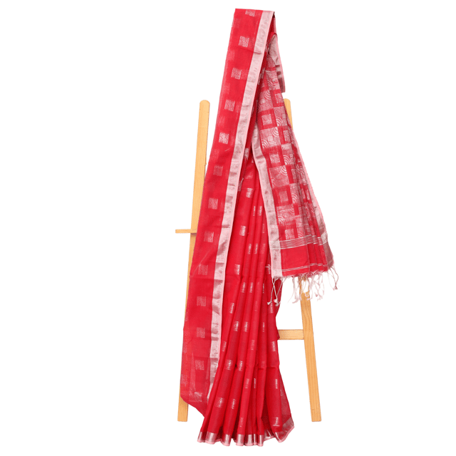 Tisser Handloom Cotton Silk Saree with Attached Blouse Piece (Red/Grey)