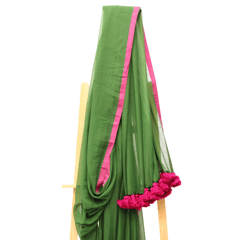 Tisser Handloom Mulmul Saree with Attached Blouse Piece (Green/pink)