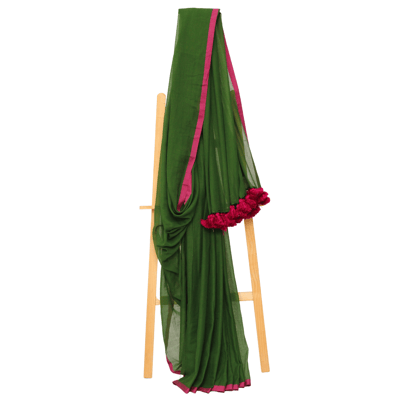 Tisser Handloom Mulmul Saree with Attached Blouse Piece (Green/pink)