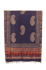 Tussar Ghicha Border Silk Handwoven Block Print Dupatta (Dark denim)