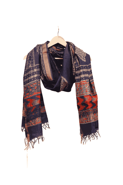 Tussar Ghicha Border Silk Handwoven Block Print Dupatta (Dark denim)