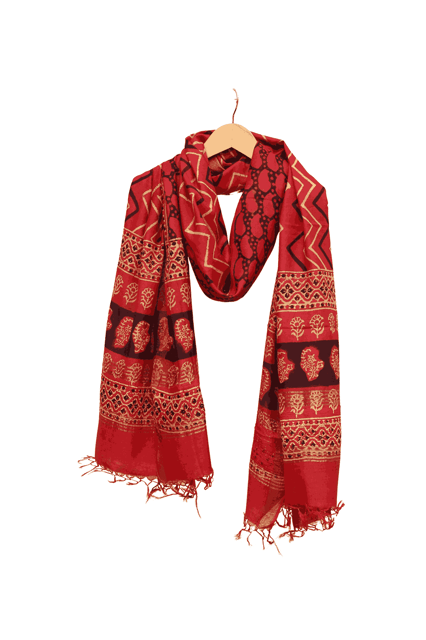 Tussar Ghicha Border Silk Handwoven Block Print Dupatta (Maroon)