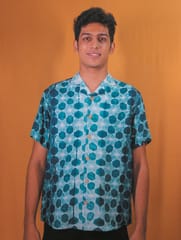 Mens Shibori Tie&dye Tussar Silk Blend Printed Half Sleeve Shirt (Dark Teal)