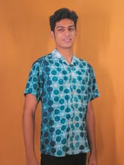 Mens Shibori Tie&dye Tussar Silk Blend Printed Half Sleeve Shirt (Dark Teal)