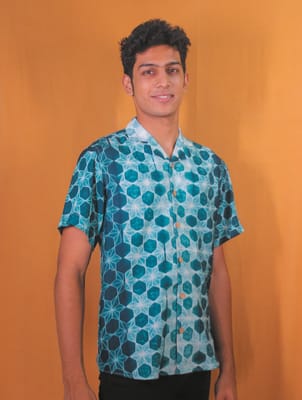 Mens Shibori Tie&dye Tussar Silk Blend Printed Half Sleeve Shirt (Dark Teal)