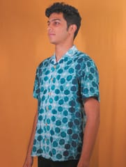 Mens Shibori Tie&dye Tussar Silk Blend Printed Half Sleeve Shirt (Dark Teal)