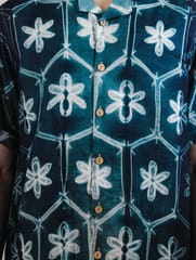 Mens Shibori Tie&dye Tussar Silk Blend Printed Half Sleeve Shirt (Teal Blue)