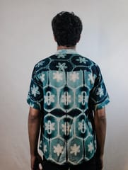 Mens Shibori Tie&dye Tussar Silk Blend Printed Half Sleeve Shirt (Teal Blue)