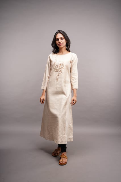 Handcrafted Hand Embroidery Tussar Silk Round-Neck Long Kurta