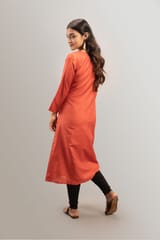 Handcrafted Hand Embroidery Tussar Silk Round-Neck Long Kurta