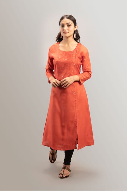 Handcrafted Hand Embroidery Tussar Silk Round-Neck Long Kurta