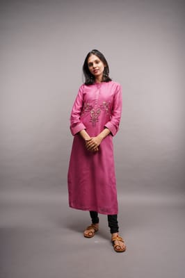 Handcrafted Hand Embroidery Tussar Silk Long Kurta (Mandarin Collar)