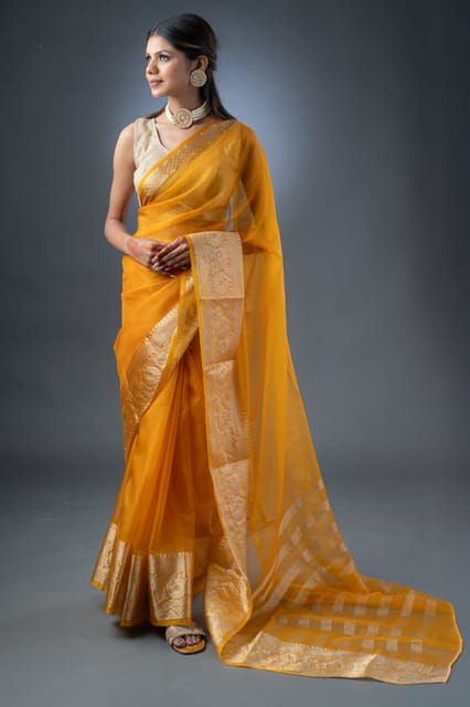 Banarasi Elegance Mustard Yellow Organza Saree