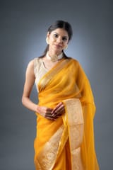 Banarasi Elegance Mustard Yellow Organza Saree